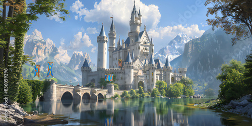 A magical fairy tale castle with tall spires, a drawbridge over a moat, colorful banners, and a princess looking out from a balcony 2d