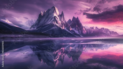 Stunning mountain range reflected in a calm lake at sunset  creating a surreal and majestic landscape. Concept of nature  beauty  and tranquility. 