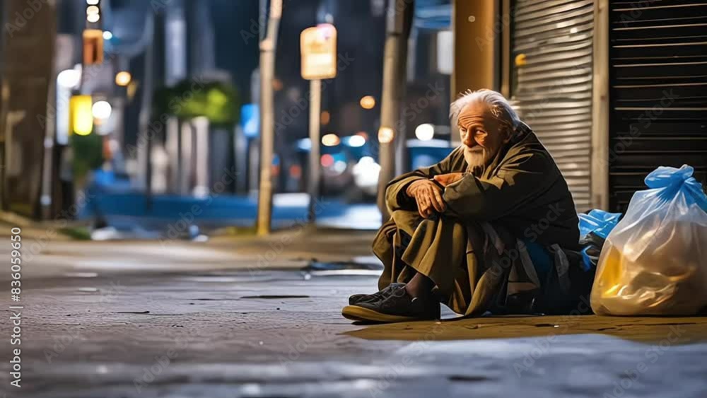Poor homeless elderly man sits on a shabby street or hideaway. Poverty Poor homeless elderly man sits on a shabby street or hideaway. Poverty