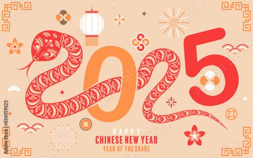 Happy chinese new year 2025  the snake zodiac sign with flower,lantern,pattern,cloud asian elements flat design style on color background. (Translation : happy new year 2025 year of the snake)
