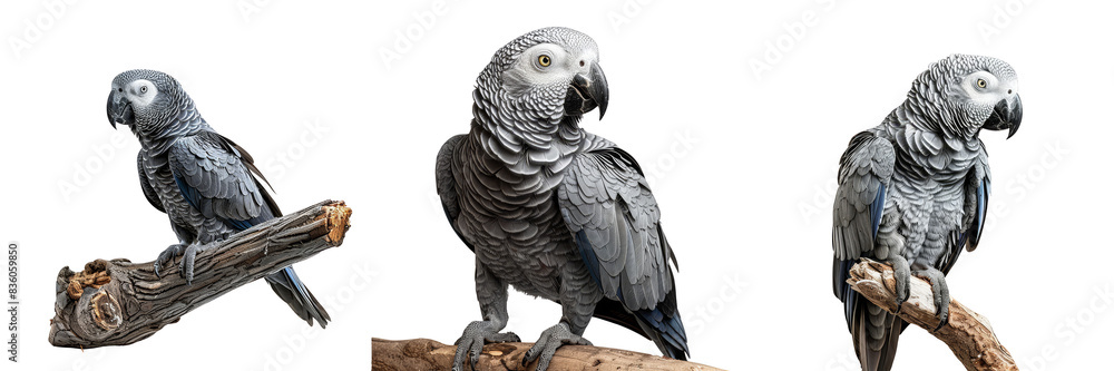 Three African Grey parrots perched on branches Three African Grey parrots perched on branches