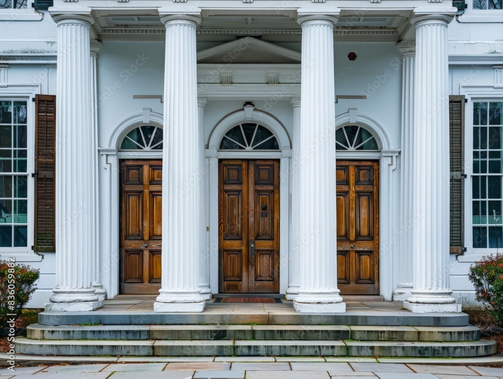 Obraz premium Colonial-style building facade with white columns, symmetrical windows, and a grand entrance, showcasing classic American architecture 