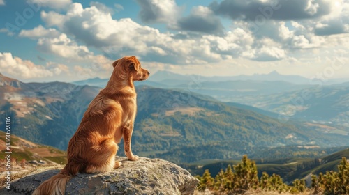 Dog and Mountain View Focus on a dog sitting on a rock, with a panoramic mountain view and sky in the background, empty space center for text photo