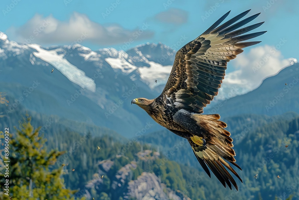 Obraz premium Eagle Soaring Focus on an eagle soaring high in the sky, with a mountain range in the background, empty space right for text