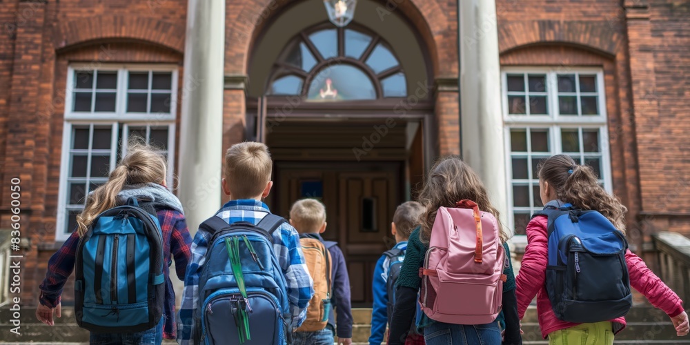 Obraz premium A group of young children with backpacks walk together up the steps towards a large brick school building, symbolizing the start of their educational journey.