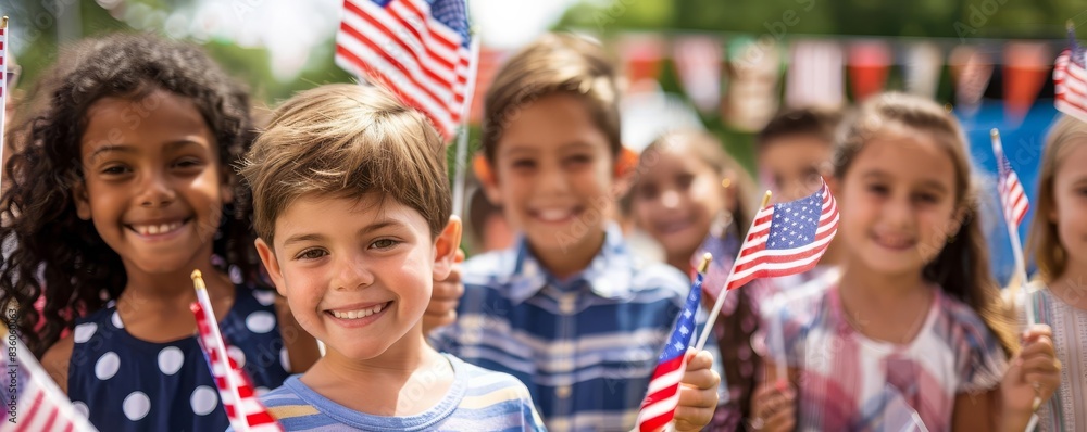Fototapeta premium flag day children waving flags A group of children waving small flags and smiling, with a background of patriotic decorations