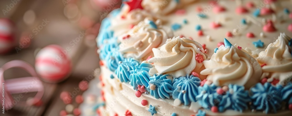 Fototapeta premium flag day decorated cake A closeup of a beautifully decorated Flag Day cake, with intricate icing designs and small flag decorations