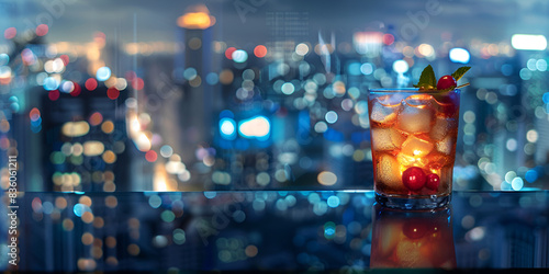 drink in a bar in the city with buildings and lights in the background in love
 photo