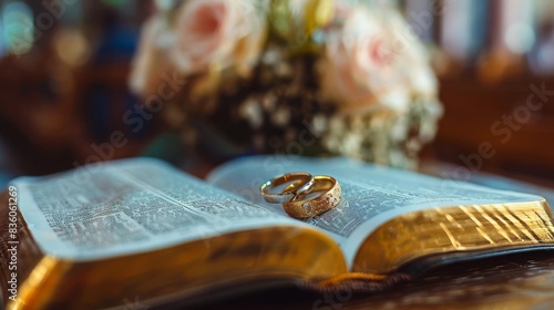 Wedding Rings on Bible Focus on a pair of wedding rings resting on an open Bible, with a church background, empty space right for text marry valentine