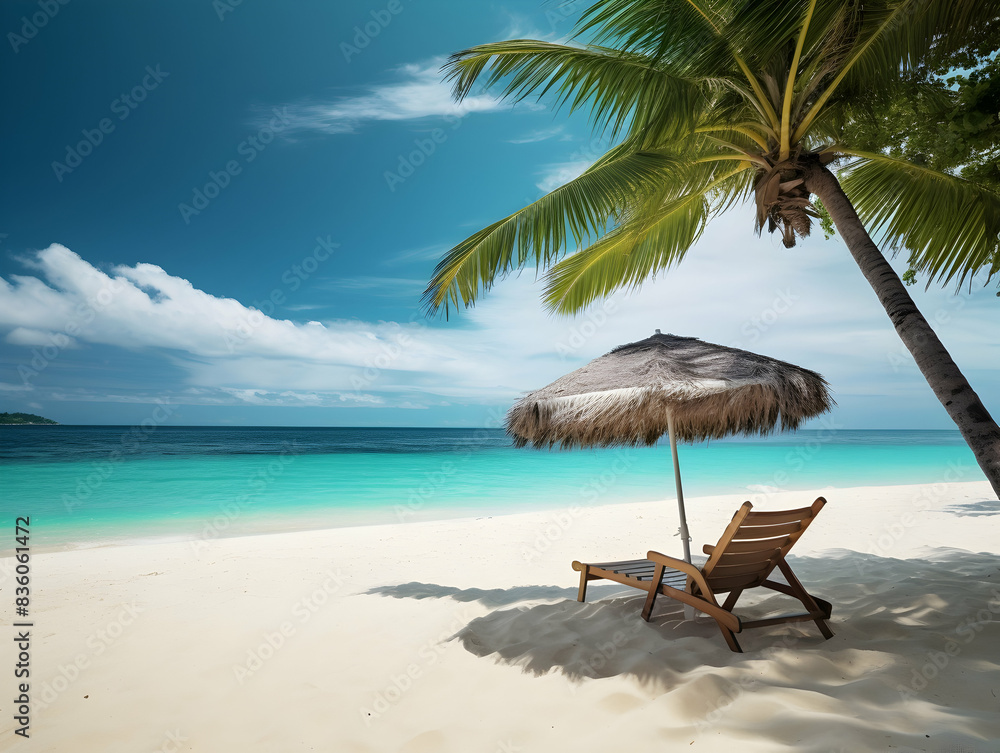 Beautiful beach. Chairs on the sandy beach near the sea. Summer holiday and vacation concept for tourism. Inspirational tropical landscape Beautiful beach. Chairs on the sandy beach near the sea. Summer holiday and vacation concept for tourism. Inspirational tropical landscape