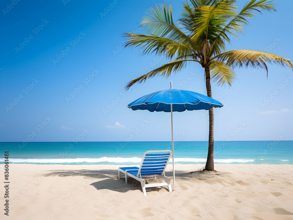 Obraz premium Beautiful beach. Chairs on the sandy beach near the sea. Summer holiday and vacation concept for tourism. Inspirational tropical landscape