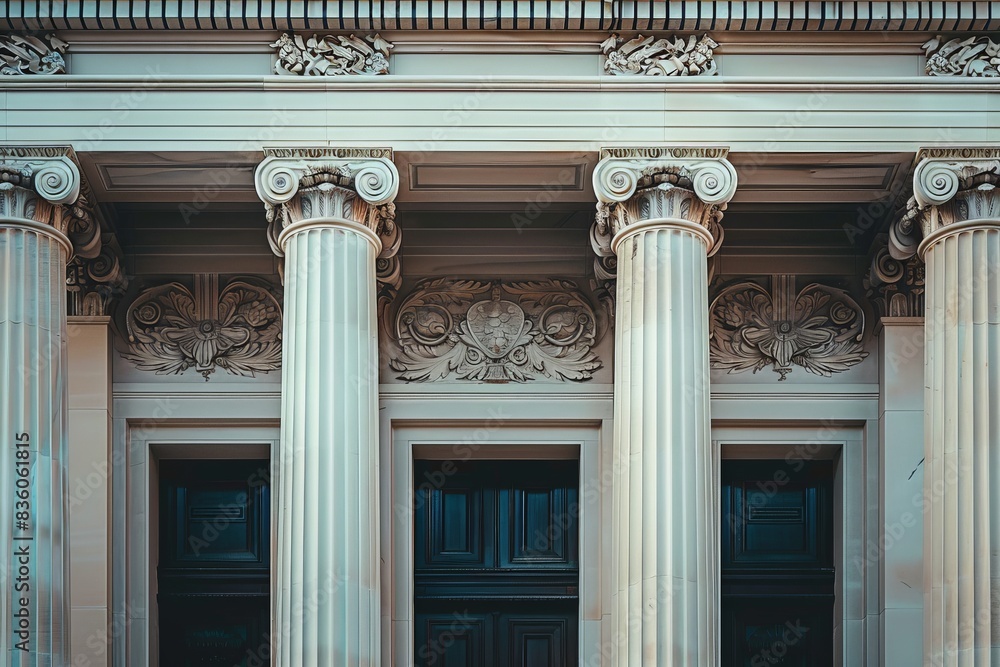 Neoclassical building facade with tall columns, detailed friezes, and symmetrical design, embodying the grandeur of classical architecture Neoclassical building facade with tall columns, detailed friezes, and symmetrical design, embodying the grandeur of classical architecture