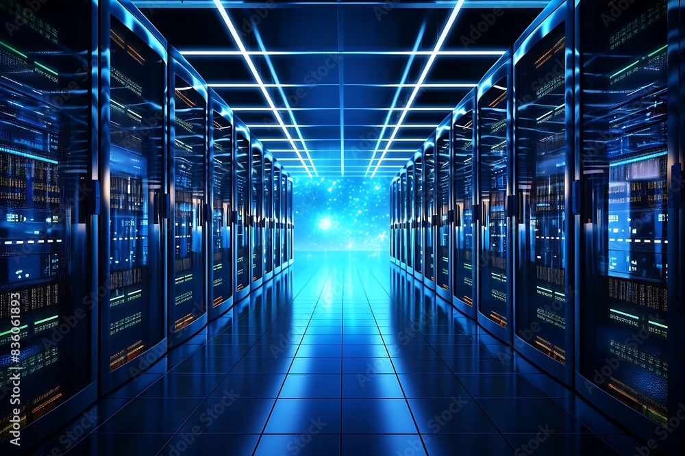 Server room data center corridor with blue lights. 3D Rendering Server room data center corridor with blue lights. 3D Rendering