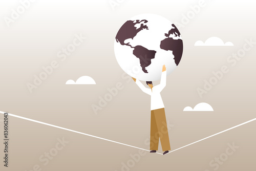 Illustration of a person balancing the weight of the world on a tightrope.Navigating global challenges with care