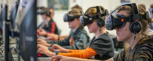 Students engaged in virtual reality learning experience