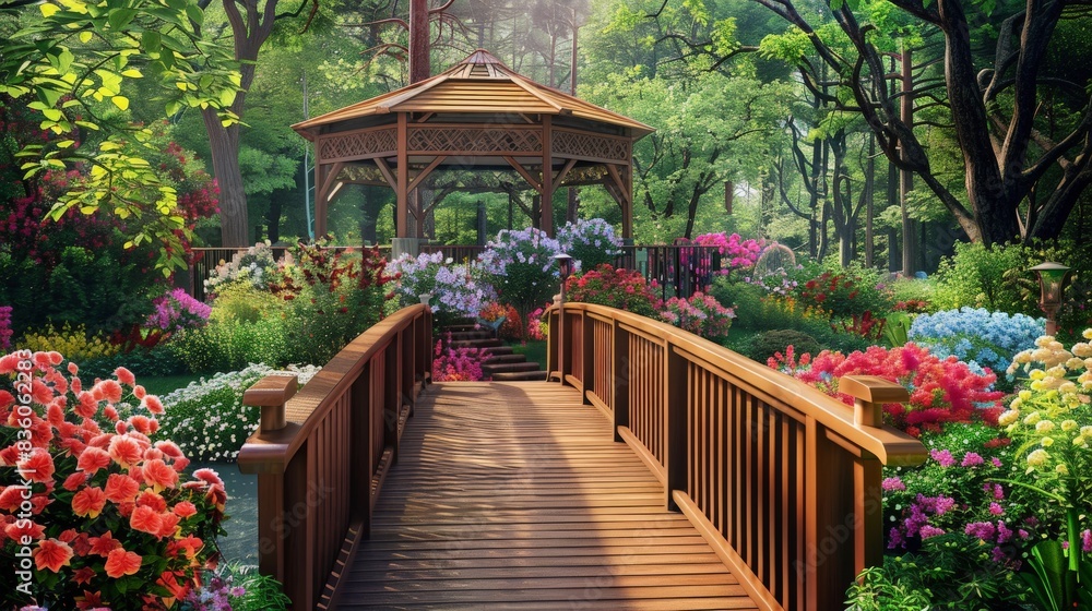Picturesque footbridge in a lush garden with colorful flowers, leading to a gazebo, creating a romantic and tranquil scene Picturesque footbridge in a lush garden with colorful flowers, leading to a gazebo, creating a romantic and tranquil scene