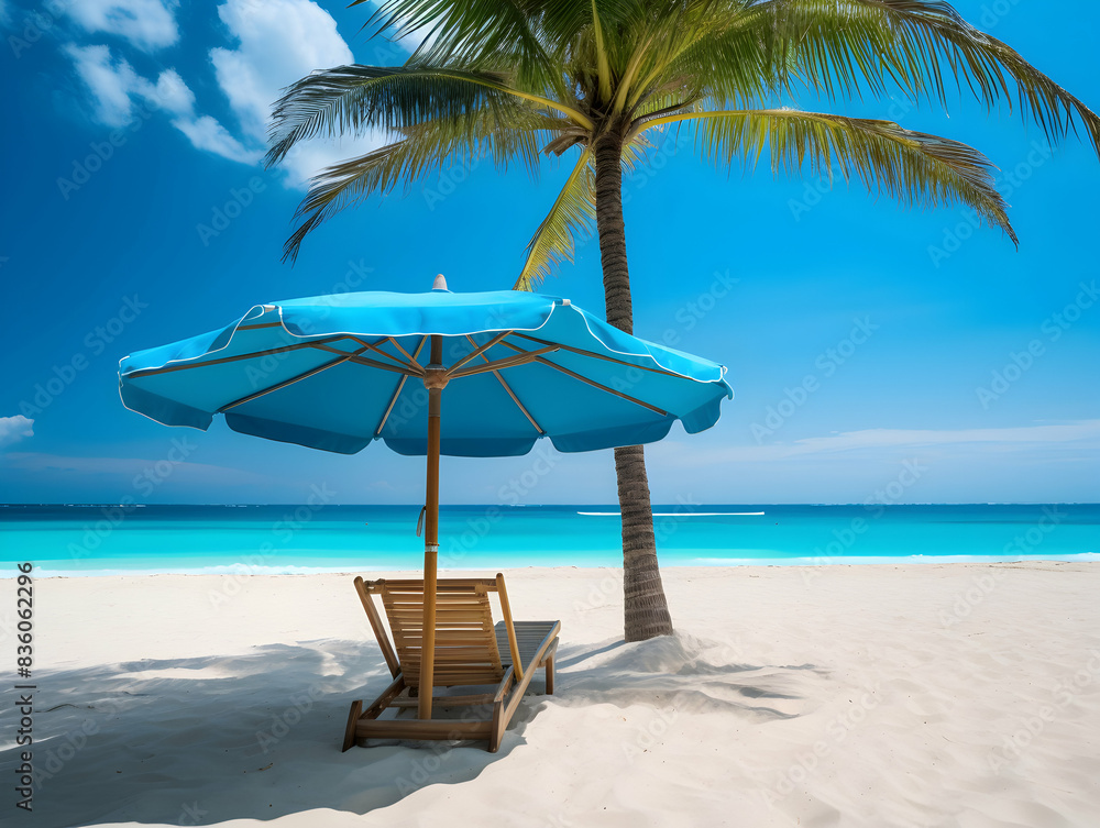 Obraz premium Beautiful beach. Chairs on the sandy beach near the sea. Summer holiday and vacation concept for tourism. Inspirational tropical landscape
