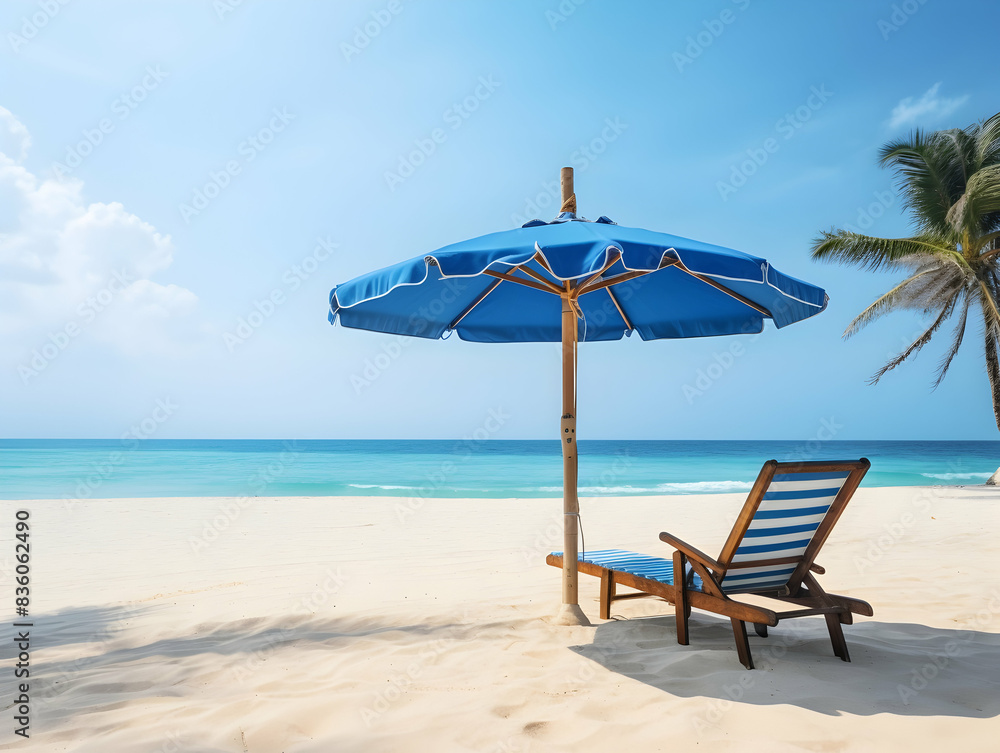 Fototapeta premium Beautiful beach. Chairs on the sandy beach near the sea. Summer holiday and vacation concept for tourism. Inspirational tropical landscape