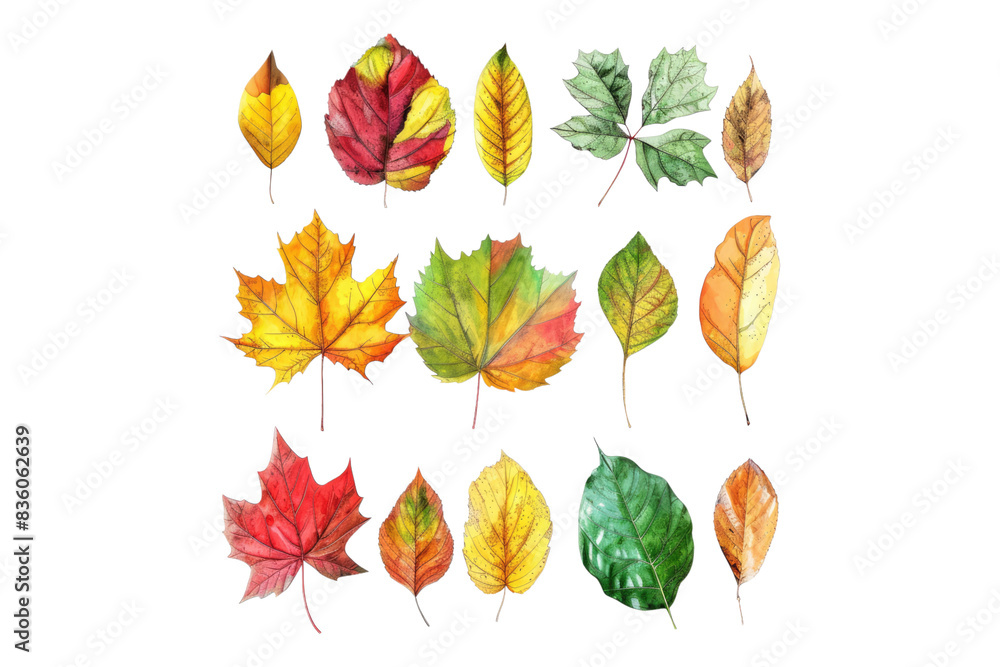 Set of autumn leaves abstract colors isolated on transparent background Set of autumn leaves abstract colors isolated on transparent background