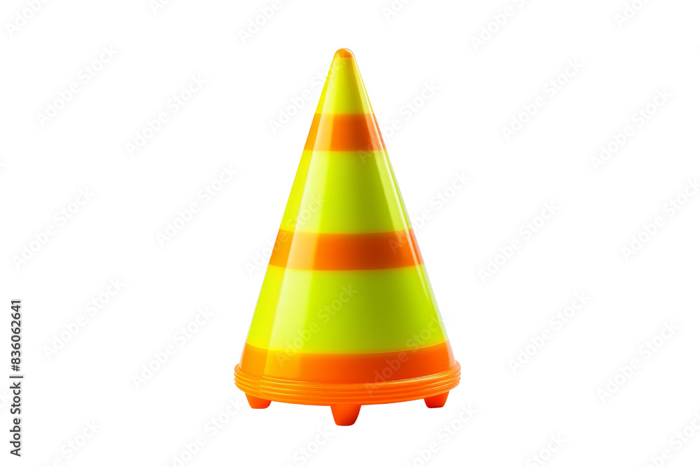A close-up of an orange and yellow traffic cone used for directing and managing traffic flow. Isolated on a transparent background. A close-up of an orange and yellow traffic cone used for directing and managing traffic flow. Isolated on a transparent background.