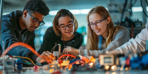 Three students collaborate on an electronics project in a vibrant lab, showcasing teamwork, innovation, and hands-on learning, emphasizing their focus and engagement. photo