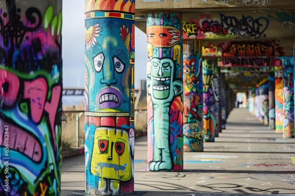 Fototapeta premium Urban bridge with graffiti-covered pillars, reflecting the vibrant street culture and artistic expressions of the city 