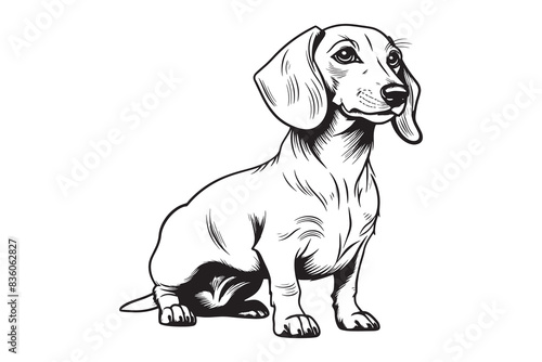 Vector isolated one single sitting dachshund dog black and white silhouette. Template for laser engraving or stencil