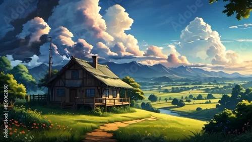 house with beautiful mountain views. with anime or cartoon style, seamless looping 4k video