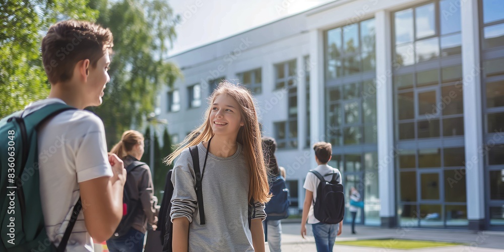 Fototapeta premium A group of students converse and smile outside their school building on a bright sunny day, representing friendship and the joy of shared experiences in an academic setting.