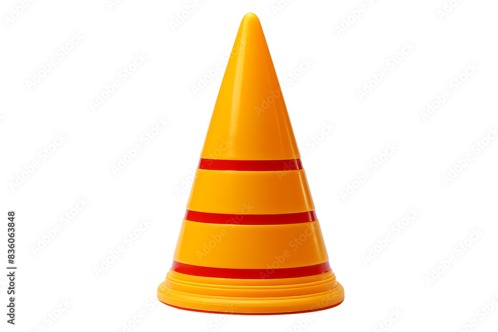 Fototapeta premium Bright orange traffic cone with red stripes, isolated on a transparent background. used for safety and traffic control in various settings.