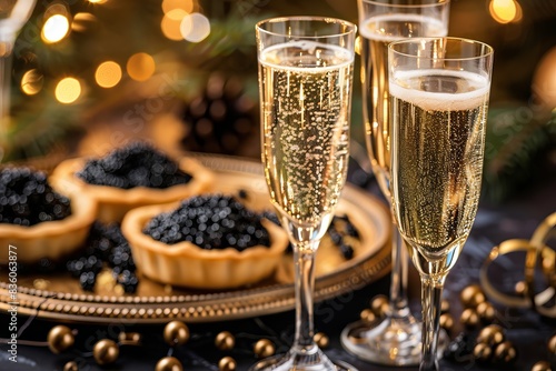 Fototapeta Naklejka Na Ścianę i Meble -  Champagne glasses and caviar tartlets on festive table.