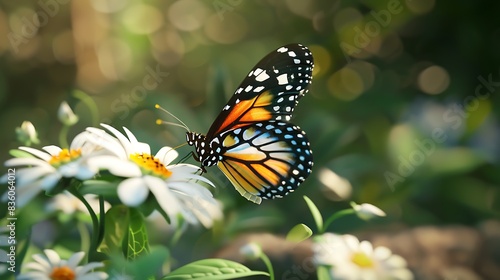 A butterfly with brightly colored spots on its wings, feeding on the nectar of a white flower.
