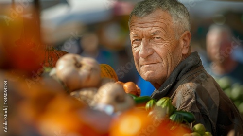 Elderly man at a bustling market with fresh produce  evoking a sense of community and local agriculture. Concept of market life  senior citizens  and sustainability. 