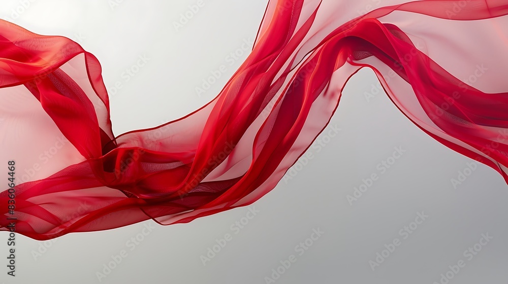 Delicate red fabric gently swaying against a misty gray-to-white gradient background. Delicate red fabric gently swaying against a misty gray-to-white gradient background.