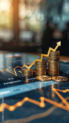 Stack of coins with graph stock market or forex trading graph and candlestick chart suitable for financial investment concept.