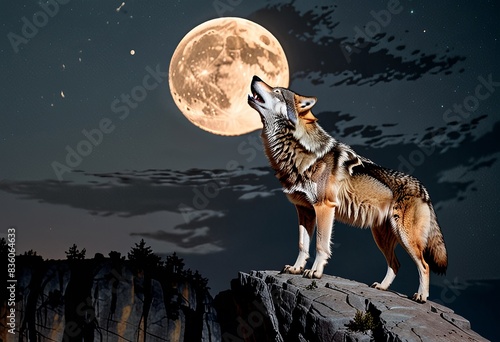 a wolf stands on a rock and howls at the moon