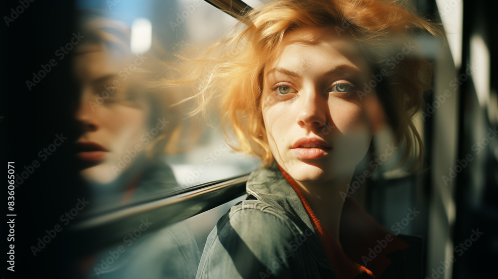 Fototapeta premium Reflective Redhead on a Bus