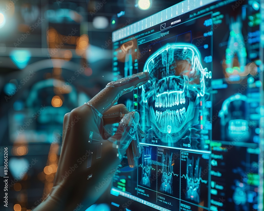 Close-up of a hand interacting with futuristic medical imaging technology on a digital screen displaying human anatomy and data. Close-up of a hand interacting with futuristic medical imaging technology on a digital screen displaying human anatomy and data.