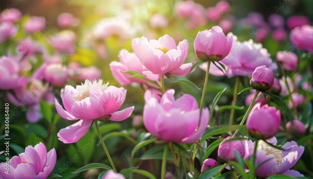 Enchanting Pink Peony Paradise: A Close-Up of Full Bloom in the Summer Garden Enchanting Pink Peony Paradise: A Close-Up of Full Bloom in the Summer Garden