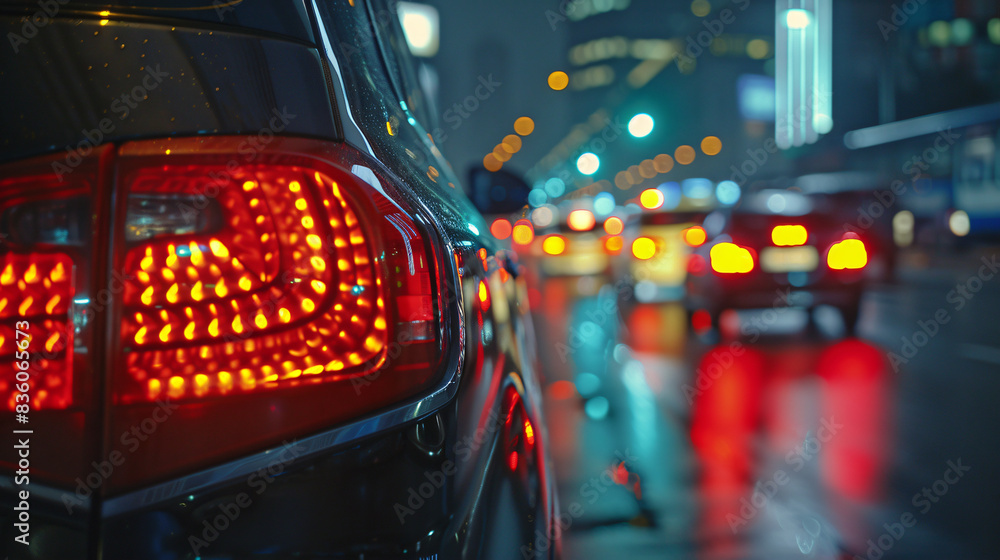 Close-up of car's rear lights with city lights blurred in the background Close-up of car's rear lights with city lights blurred in the background