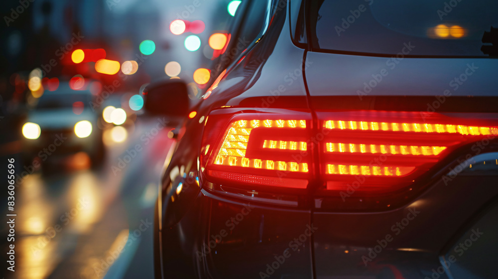 Close-up of car brake lights with colorful city light bokeh background at dusk Close-up of car brake lights with colorful city light bokeh background at dusk