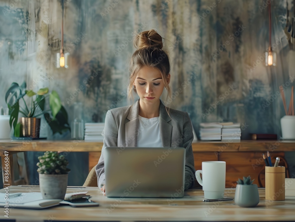 Focused Businesswoman Multitasking with Laptop and Smartphone in Modern Office Setting Focused Businesswoman Multitasking with Laptop and Smartphone in Modern Office Setting