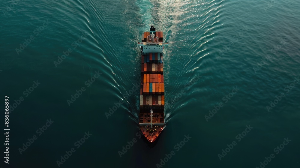 Aerial view of a container ship navigating through open waters, carrying hundreds of shipping containers Aerial view of a container ship navigating through open waters, carrying hundreds of shipping containers