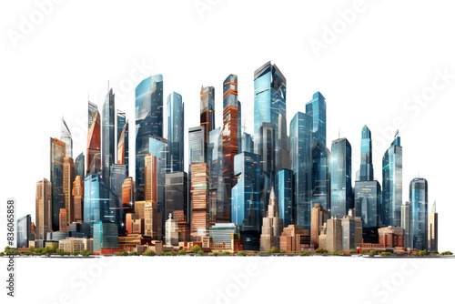 Futuristic city skyline with towering skyscrapers and modern architecture against a clear sky, representing urbanization and innovation.