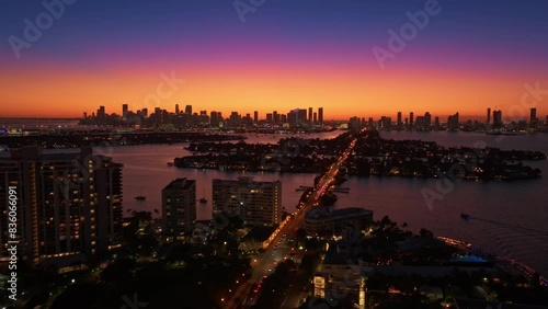 Establishing aerial view of Miami Venetian Islands and Biscayne Bay at sunset. Scenic view of Miami Skyline with beautiful purple sunset. Best Miami aerial shot. Miami Florida in 4K photo