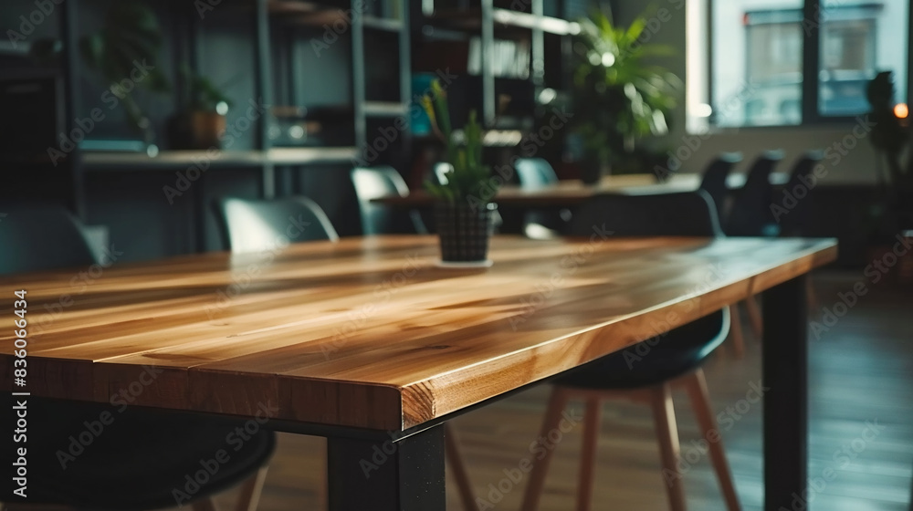 Close-up view of polished wooden conference table with black chairs in modern office setting Close-up view of polished wooden conference table with black chairs in modern office setting