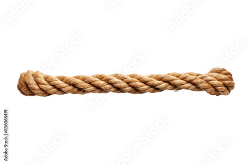 Isolated image of a thick brown rope with a knot on one end. Ideal for nautical, DIY, and adventure-themed projects.