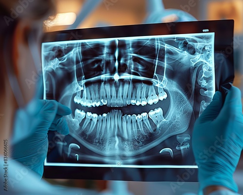 Dentist examining a dental x-ray image of teeth and jaws, providing detailed insights for oral health and dental care analysis.