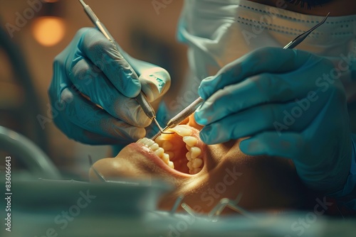 Dentist performing oral surgery on a patient with precise tools and gloves in a modern clinic, highlighting dental care and professional expertise.