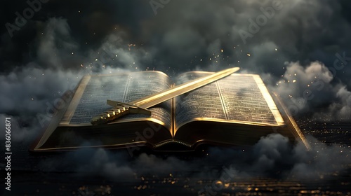 Wallpaper Mural open Holy Bible book with spirit sword on top with epic clouds and smoke. concept of God protection, on dark background for overlay Torontodigital.ca